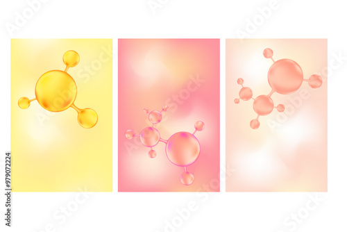 Abstract cosmetology poster, collagen molecule structure. Beauty treatment, nutrition skincare light pink, gold, peach watercolor background with copy space. Elegant scientific technology promo set.