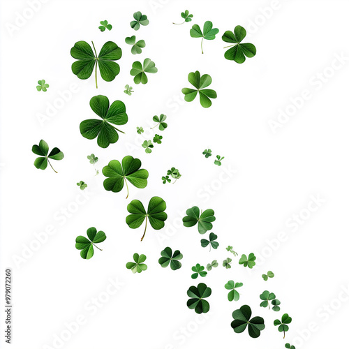 A swirl of four leaf clovers dancing gracefully in the air against a bright white background