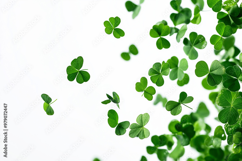 A swirl of four leaf clovers dancing gracefully in the air against a bright white background A swirl of four leaf clovers dancing gracefully in the air against a bright white background