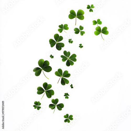 A swirl of four leaf clovers dancing gracefully in the air against a bright white background
