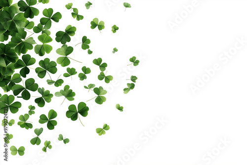 A swirl of four leaf clovers dancing gracefully in the air against a bright white background