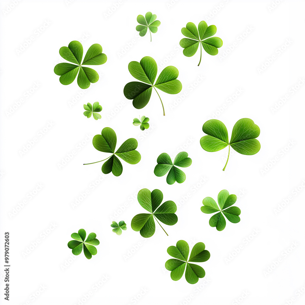 A swirl of four leaf clovers dancing gracefully in the air against a bright white background A swirl of four leaf clovers dancing gracefully in the air against a bright white background