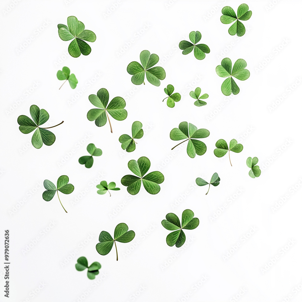 A swirl of four leaf clovers dancing gracefully in the air against a bright white background A swirl of four leaf clovers dancing gracefully in the air against a bright white background