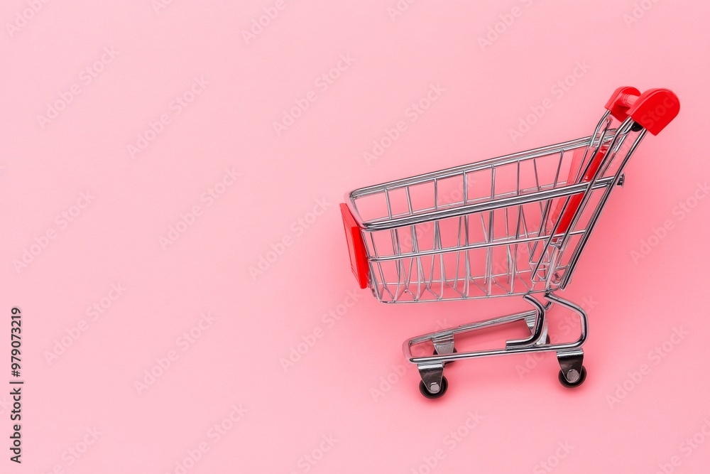 Shopping cart on pink background. Shopping online concept. Copy space on top. Shopping cart on pink background. Shopping online concept. Copy space on top.