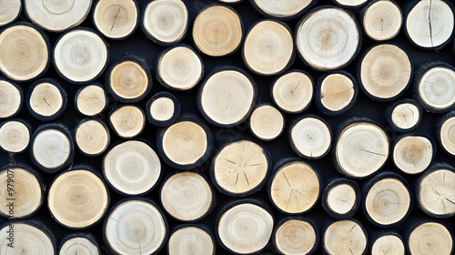 A Close-up View of Circular Wood Slabs Arranged on a Black Surface, Creating a Natural Pattern