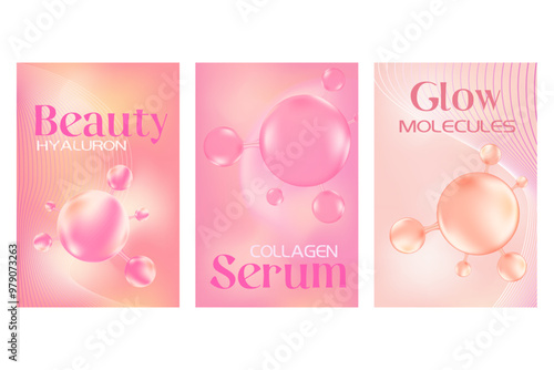 Abstract cosmetic formula poster set, collagen or hyaluronic acid molecule cell. Beauty treatment, nutrition skincare light pink, peach color background with copy space. Elegant scientific technology
