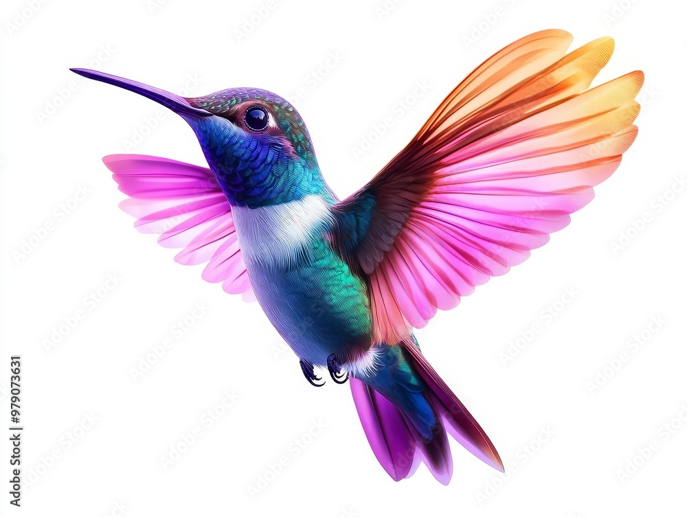 Obraz premium Render a colorful hummingbird suspended mid-air, its iridescent plumage gleaming, on a pure white background
