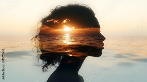 A Silhouette of a Woman with a Sunset and Ocean Inside Her Head, Representing a Calm and Serene State of Mind photo