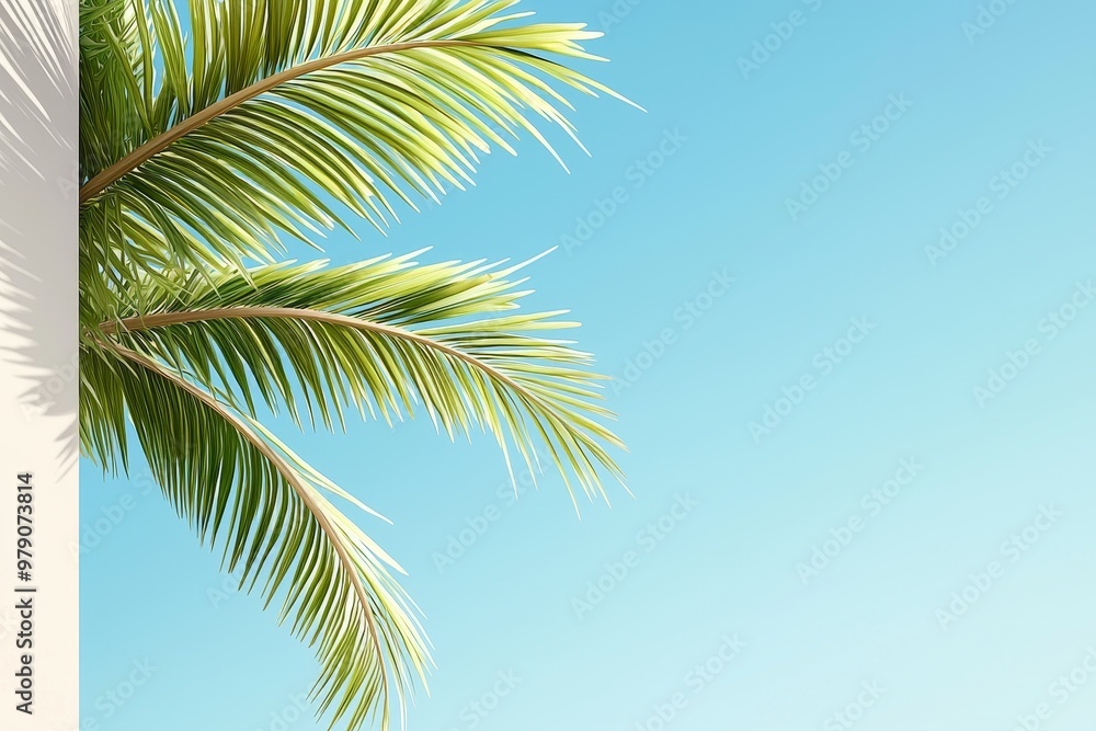 Render a lush tropical palm tree against a clear blue sky from a low-angle view, highlighting the intricate details of the vibrant leaves, evoking a sense of tranquility and serenity Render a lush tropical palm tree against a clear blue sky from a low-angle view, highlighting the intricate details of the vibrant leaves, evoking a sense of tranquility and serenity