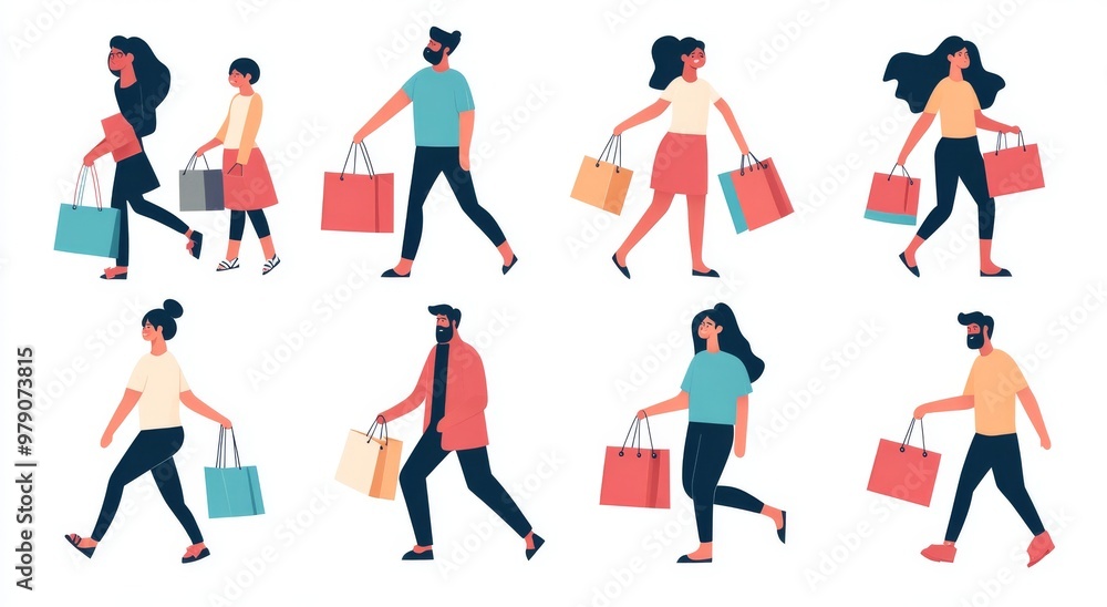 Fototapeta premium Buying products in market place. Modern shopper characters collection illustrating a buyer and a shopper.