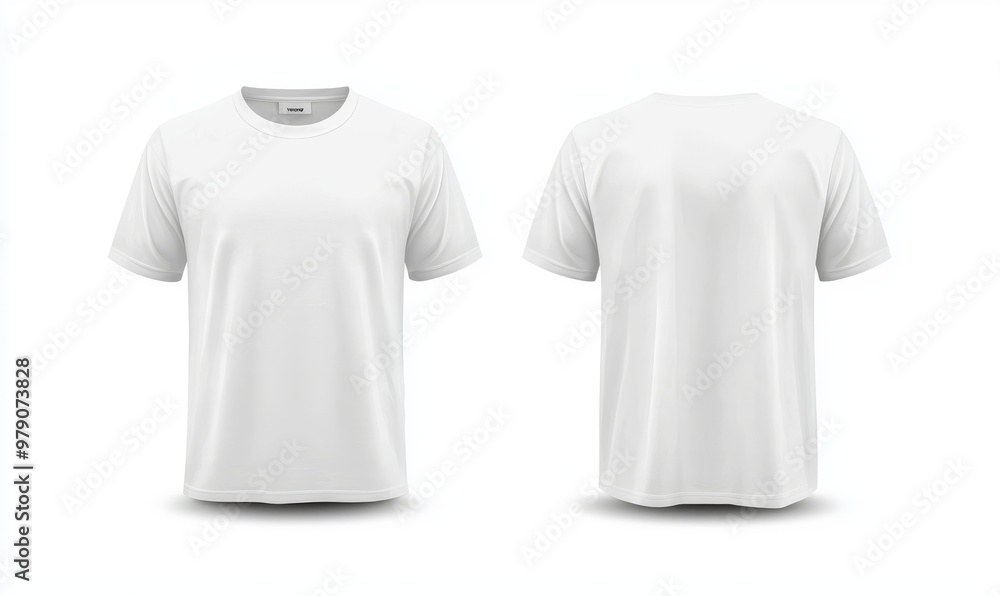 An isolated front end and rear view of a white t-shirt that depicts a silhouette of a boy and man wearing a blank t-shirt. An isolated front end and rear view of a white t-shirt that depicts a silhouette of a boy and man wearing a blank t-shirt.