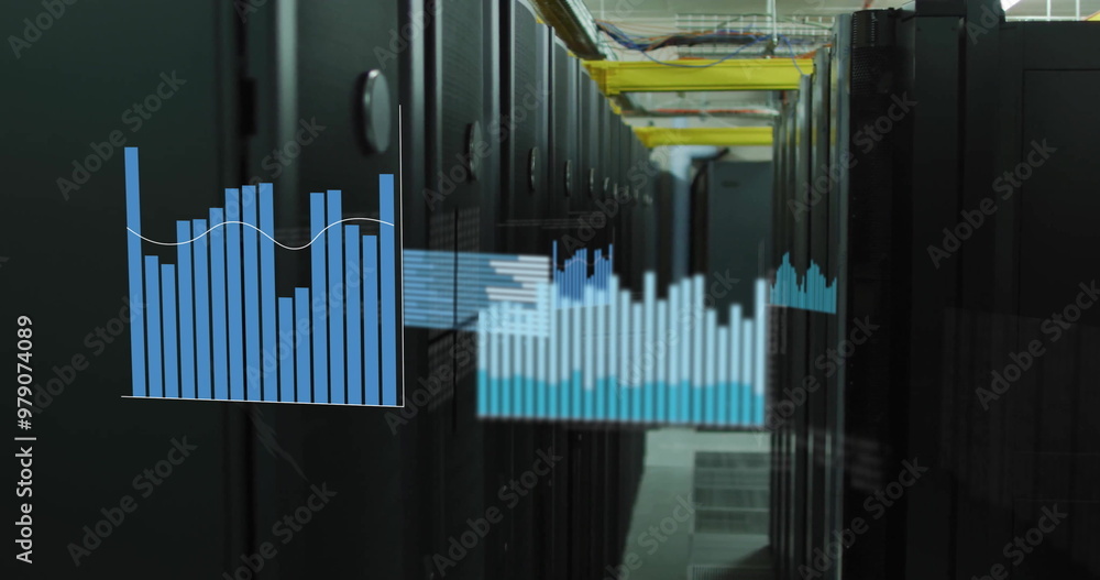 Obraz premium Image of blue graphs over computer server room