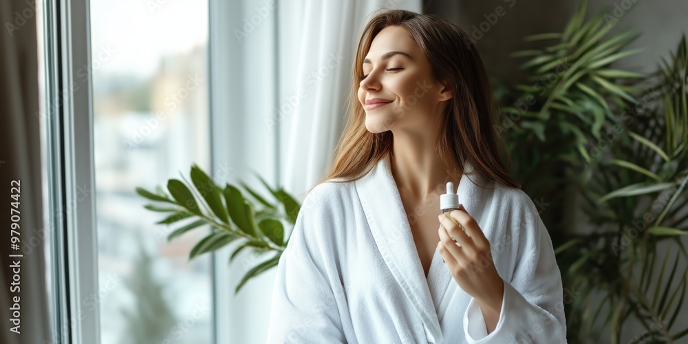 Fototapeta premium Woman Enjoying Essential Oil Aromatherapy in Bathrobe by Window