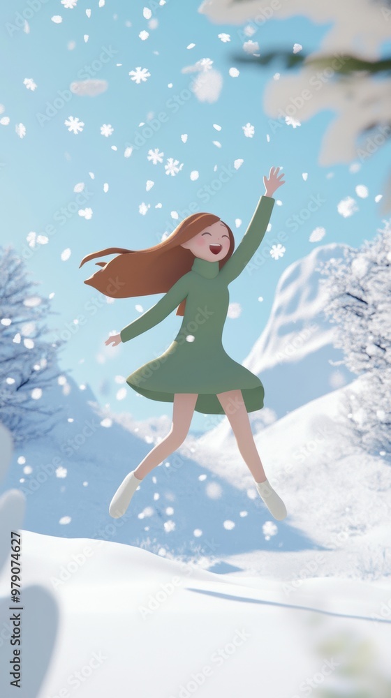 A girl in a green dress is jumping in the snow A girl in a green dress is jumping in the snow
