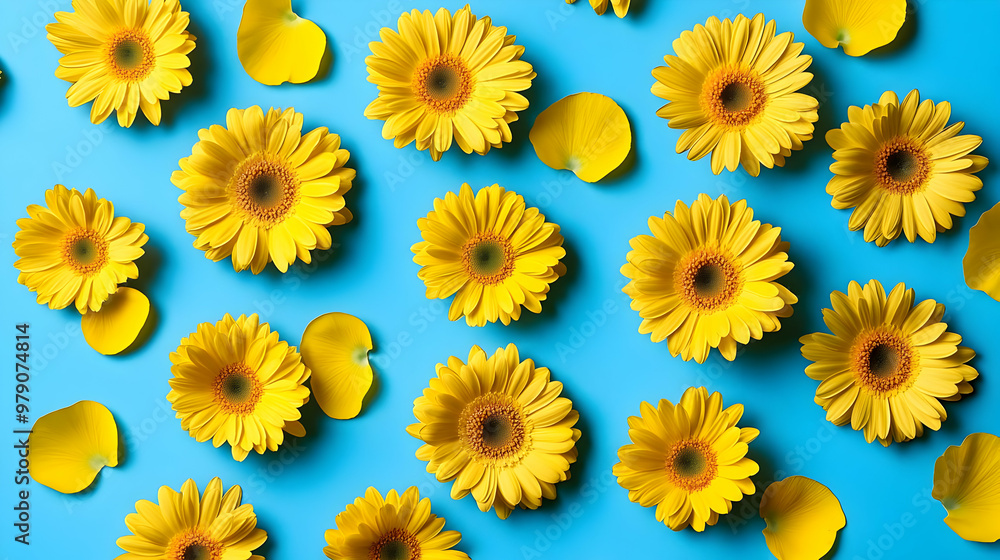 Bright Yellow Gerbera Daisies and Petals on a Vibrant Blue Background, Creating a Cheerful and Springtime Floral Pattern Bright Yellow Gerbera Daisies and Petals on a Vibrant Blue Background, Creating a Cheerful and Springtime Floral Pattern