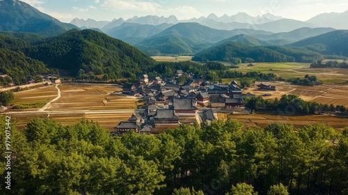 Wallpaper Mural Aerial View of Traditional Korean Village in the Valley Torontodigital.ca