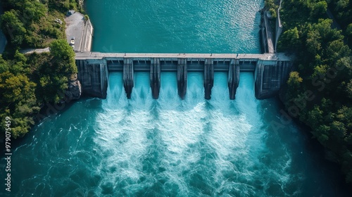 Aerial view of water discharge at hydroelectric power plant