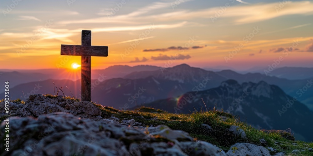 Sunset mountain cross scenic view Sunset mountain cross scenic view