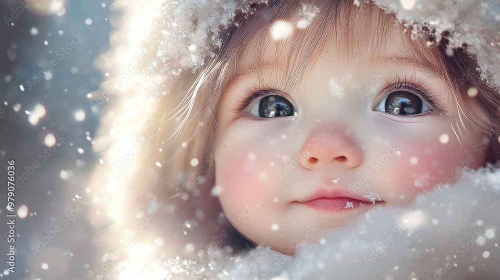 A little girl with blue eyes is covered in snow A little girl with blue eyes is covered in snow