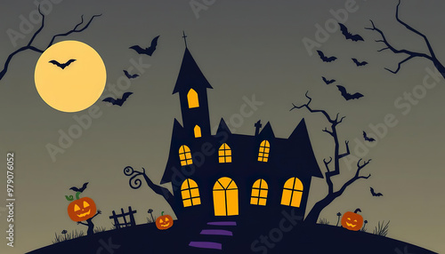 A Halloween themed poster with bats flying in the sky and pumpkins on the ground