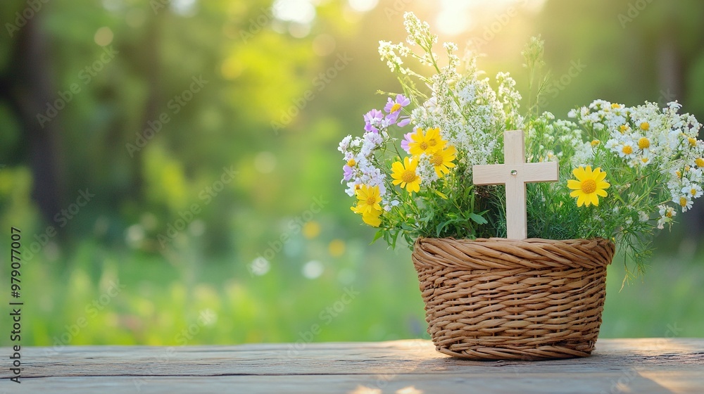 Christian cross and meadow flowers in wicker basket on table, natural background. Herbal consecration - traditional customs of August 15, day of the Assumption of Mary, generative ai Christian cross and meadow flowers in wicker basket on table, natural background. Herbal consecration - traditional customs of August 15, day of the Assumption of Mary, generative ai