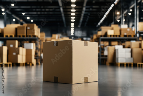 Empty cardboard box mockup in the foreground of a large warehouse filled with shelves and pallets of various other boxes. Ideal for product branding and packaging designs.