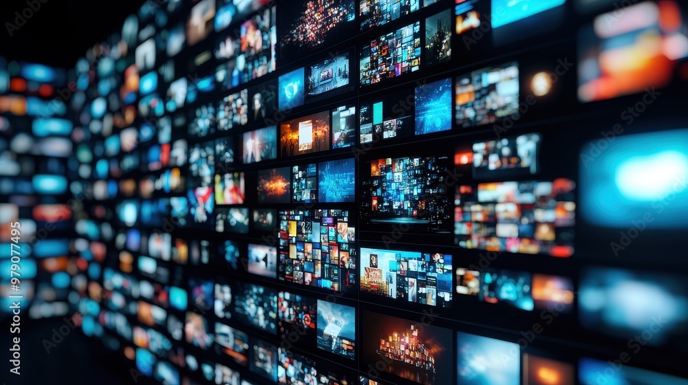 Digital Wall of Screens with Blurred Images and Video