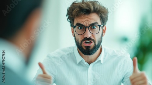 Two coworkers engaged in a heated argument pointing fingers and raising their voices over a business related dispute or conflict in a corporate office setting