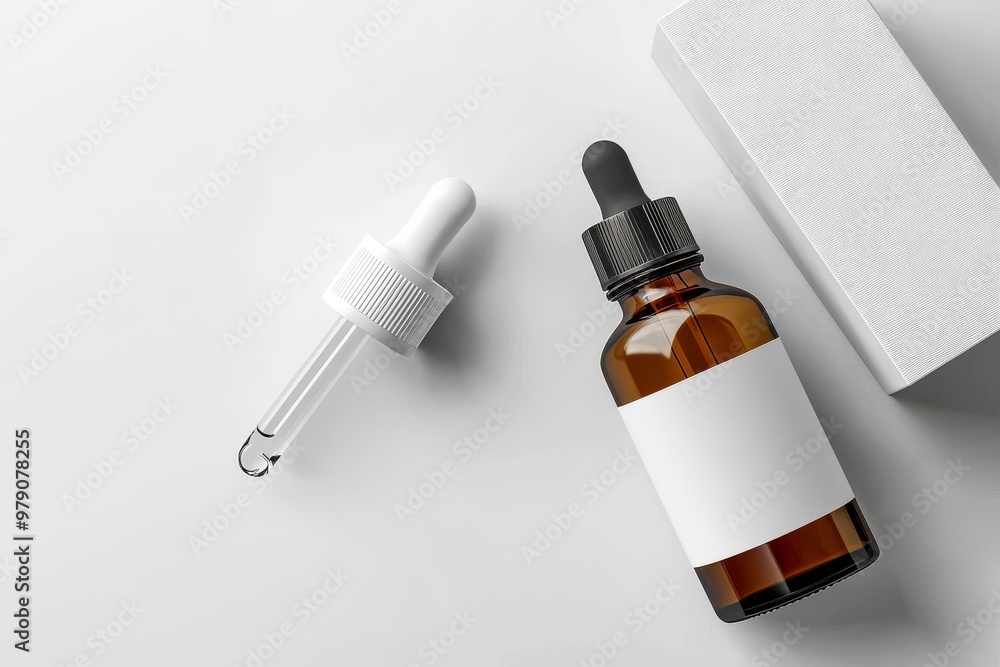 Amber Glass Dropper Bottle and Box mockup template isolated on light gray background. High resolution photo. Amber Glass Dropper Bottle and Box mockup template isolated on light gray background. High resolution photo.