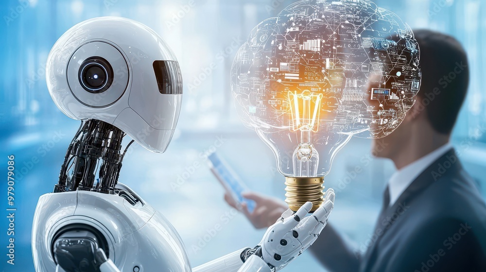 Naklejka premium Robot and Human Brainstorming with Lightbulb Idea
