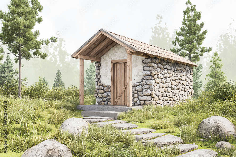 A serene stone cabin nestled in a lush green landscape, surrounded by trees and smooth rocks, perfect for nature escapes. A serene stone cabin nestled in a lush green landscape, surrounded by trees and smooth rocks, perfect for nature escapes.