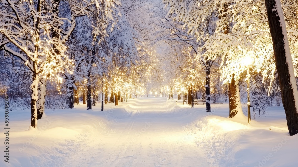 Snowy Pathway With Christmas Lights In Winter Snowy Pathway With Christmas Lights In Winter
