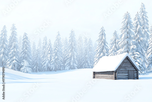 A serene winter landscape featuring a quaint cabin surrounded by snow-covered pine trees and a gentle snowfall.