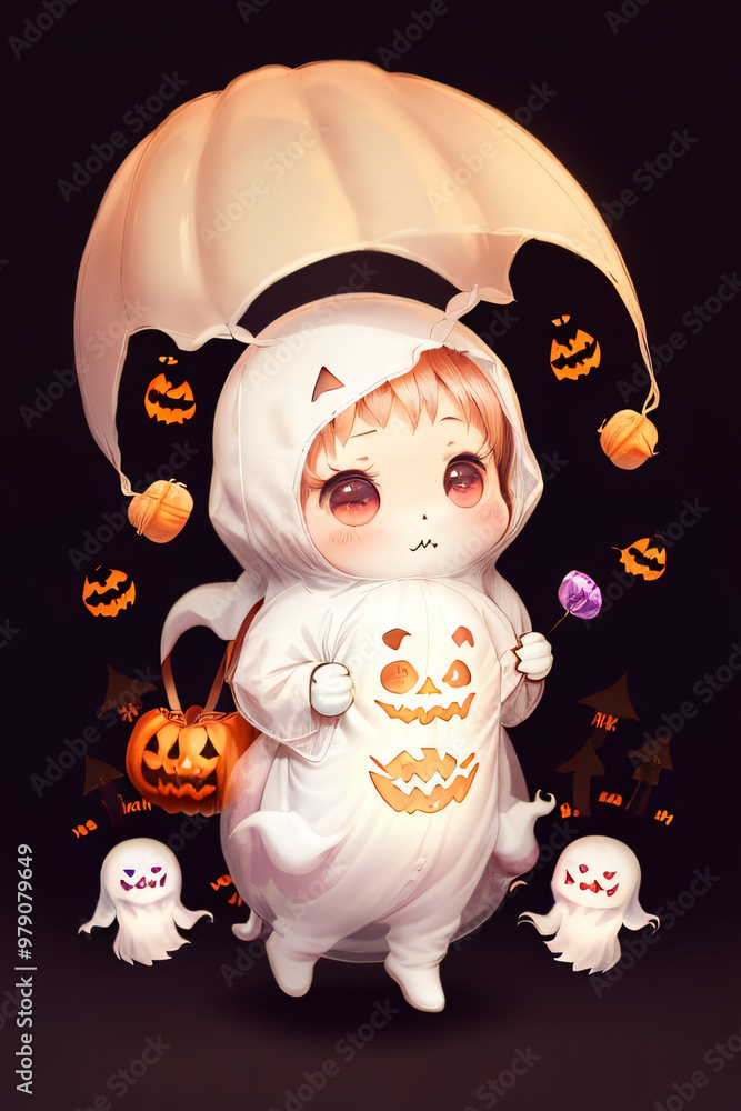 Chibi Ghost with Halloween Candy Bag Full-Body Illustration Chibi Ghost with Halloween Candy Bag Full-Body Illustration