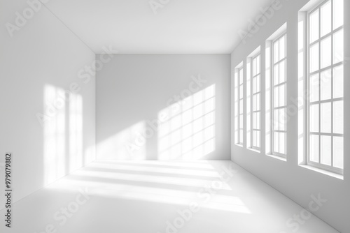 Presentation background with abstract white studio backdrop, shadows on the window. Product displayed on blurred backdrop.