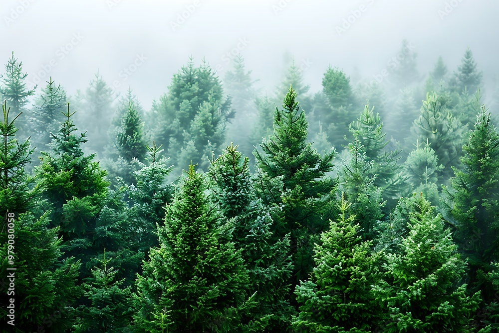 Misty mountain landscape with coniferous forest Misty mountain landscape with coniferous forest