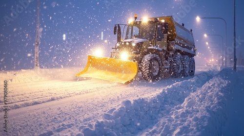 Snow Plow Clearing Road in Blizzard at Night