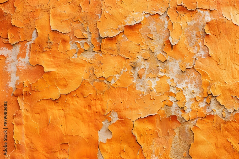 Fototapeta premium A close-up of a weathered, peeling orange paint surface on a wall.
