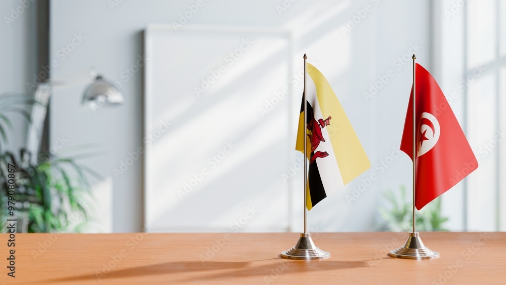 FLAGS OF BRUNEI AND TUNISIA ON TABLE FLAGS OF BRUNEI AND TUNISIA ON TABLE