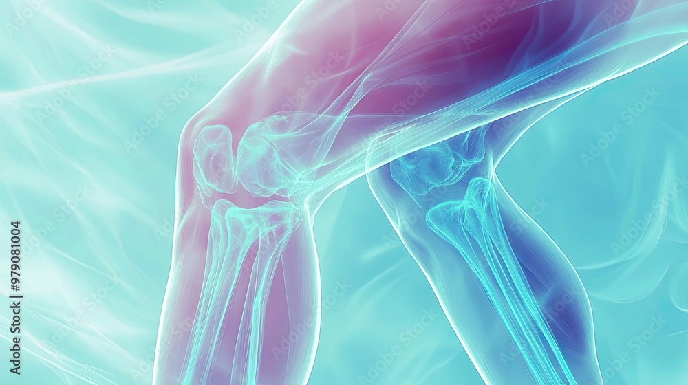 Fototapeta premium A detailed illustration of a knee joint, showcasing bone and tissue structure in an ethereal blue and purple hue.