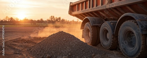 A truck unloads gravel at sunset, creating a dusty scene on an open construction site. Ideal for construction and transport themes. photo