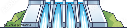Illustration of a hydroelectric dam with water flowing through its gates, symbolizing renewable energy production.