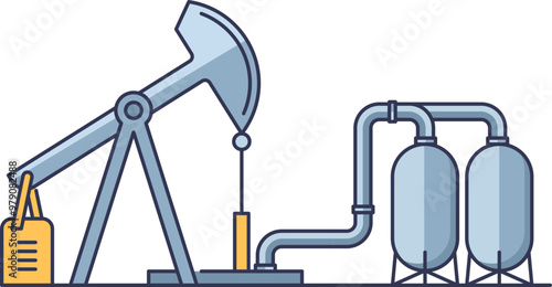 Cartoon of an oil pump jack with storage tanks, symbolizing energy extraction.