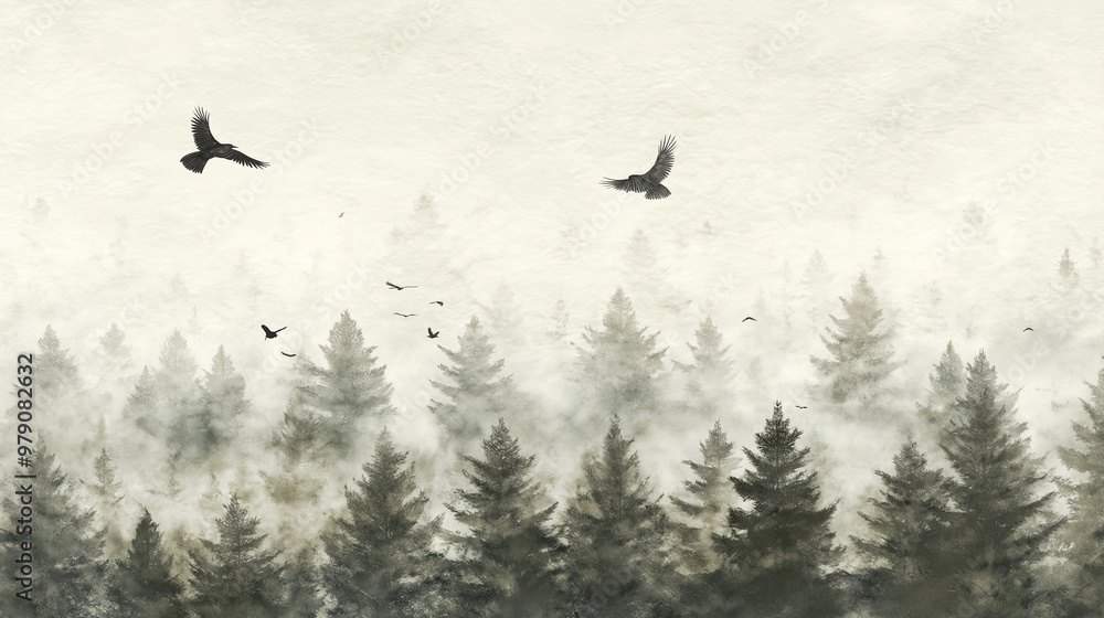 Birds flying in misty forest Birds flying in misty forest