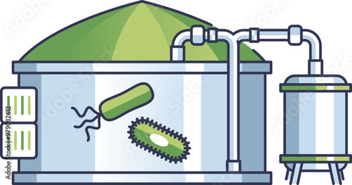 Illustration of a biogas plant with bacteria, pipes, and storage tank, symbolizing renewable energy production.