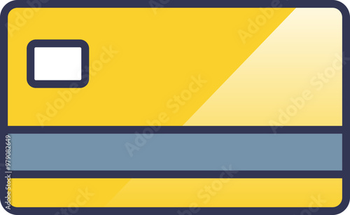 Flat design credit card icon with yellow and blue colors, chip, and magnetic stripe.