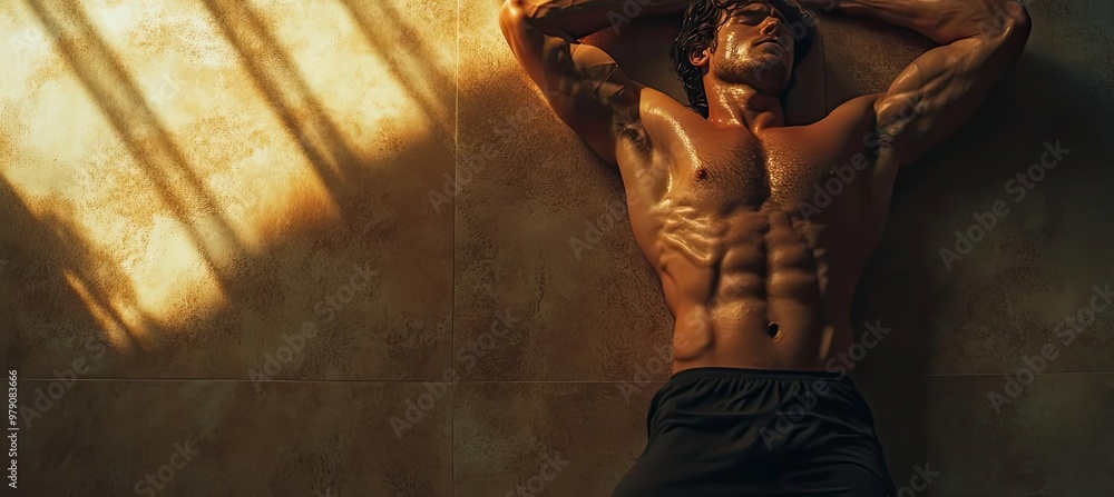 A muscular man rests against a wall, showcasing his physique and strength under dramatic lighting and shadow. A muscular man rests against a wall, showcasing his physique and strength under dramatic lighting and shadow.