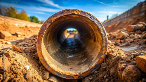 Rusty water pipe in the trench ground view, rusty, water pipe, trench, ground, metal, corroded, old, infrastructure photo