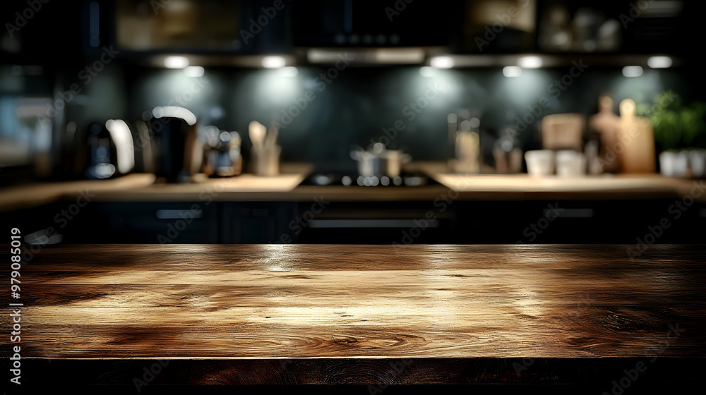 A Detailed Look at a Brown Wooden Tabletop with a Blurred Kitchen Background, Featuring a Stovetop, Cabinets, and Lighting A Detailed Look at a Brown Wooden Tabletop with a Blurred Kitchen Background, Featuring a Stovetop, Cabinets, and Lighting