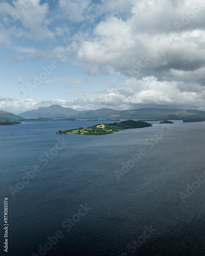 Aerial view of tranquil Loch Lomond with picturesque islands and serene water, Alexandria, Scotland, United Kingdom. photo